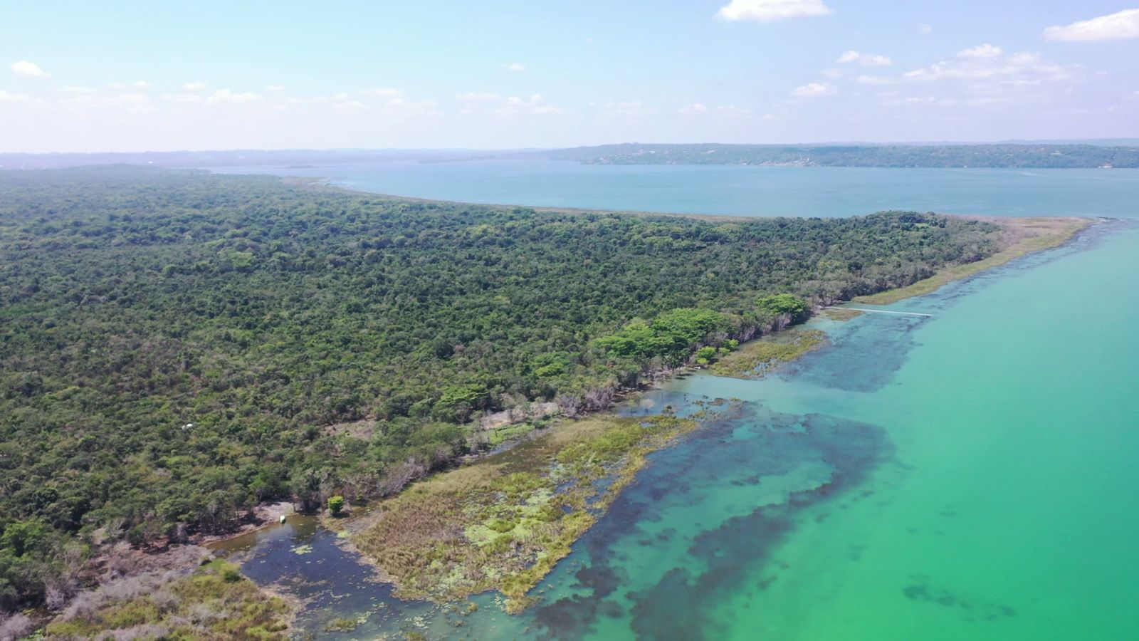 Vista aérea de la orilla del Lago Petén Itzá en Punta Nimah